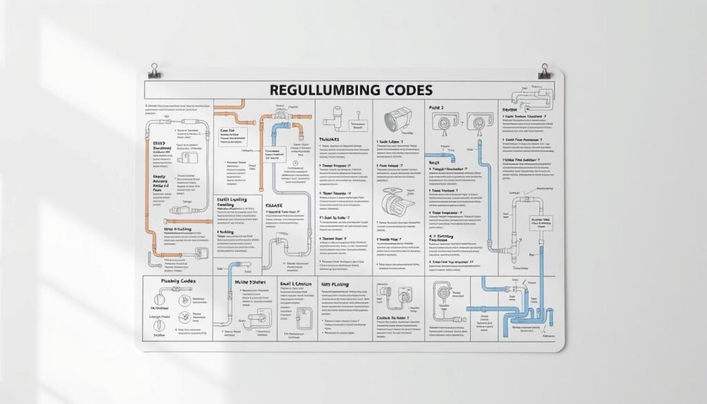 A detailed technical diagram showcasing an array of plumbing codes and regulations against a clean, minimalist background. The diagram features various plumbing fixtures, pipe configurations, and annotated callouts highlighting key standards and requirements. The layout is crisp and well-organized, utilizing a high-contrast color scheme and precise technical illustrations to convey the complex regulatory landscape in an accessible, educational manner. Soft, indirect lighting casts subtle shadows, lending depth and dimensionality to the scene. The overall mood is informative and authoritative, reflecting the importance of understanding and adhering to plumbing codes for responsible DIY work.