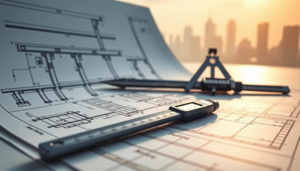 A detailed technical drawing of essential civil engineering skills, rendered with precision and clarity. In the foreground, a blueprint showcasing structural design elements like beams, columns, and load distribution. In the middle ground, a trio of engineering tools - a drafting compass, a T-square, and a digital caliper - demonstrating the precision required. In the background, a subtle cityscape silhouette, hinting at the real-world application of these skills. The scene is illuminated by a warm, directional light, casting subtle shadows and highlighting the technical details. The overall mood is one of professionalism, expertise, and the intellectual rigor inherent to the civil engineering discipline.