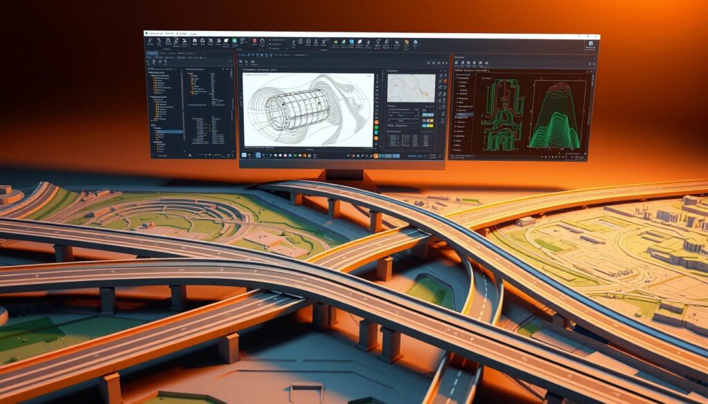 A detailed technical illustration of Autodesk Civil3D, a comprehensive civil engineering design software. In the foreground, a 3D model of a roadway infrastructure with bridges, underpasses, and drainage features. In the middle ground, various engineering analysis and design tools, such as contour maps, cross-sections, and profile views. In the background, a sleek user interface with intuitive menus and toolbars. The scene is illuminated by a warm, directional light, casting subtle shadows and highlights to emphasize the depth and dimensionality of the design elements. The overall mood is one of precision, efficiency, and professional-grade civil engineering capabilities.