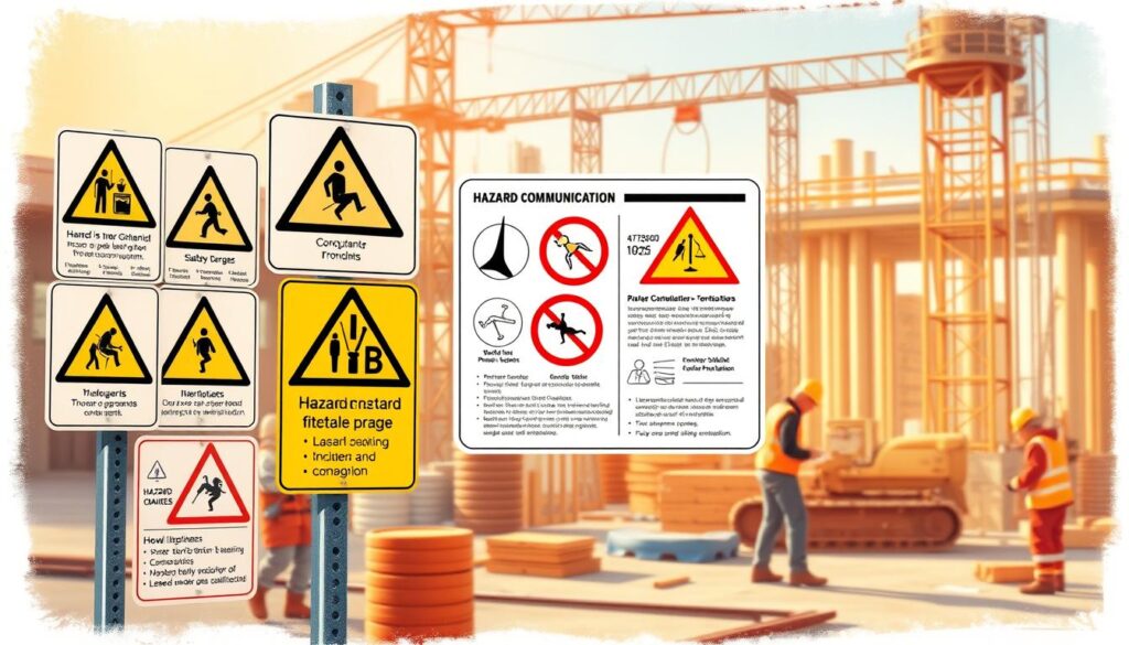 A detailed, technical illustration of Hazard Communication Standards on a construction site. In the foreground, various hazard warning signs, symbols, and pictograms are prominently displayed, conveying critical safety information. In the middle ground, workers in personal protective equipment (PPE) engage in tasks, demonstrating proper safety protocols. The background depicts the bustling activity of a construction site, with machinery, scaffolding, and materials visible, all bathed in warm, natural lighting that creates a sense of urgency and importance. The overall scene emphasizes the importance of clear, effective hazard communication in maintaining a safe working environment.