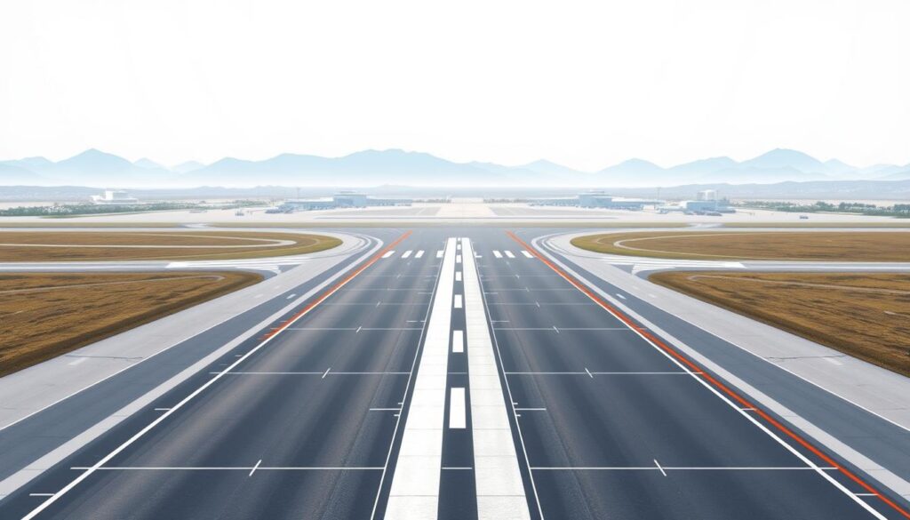 A detailed technical illustration of a commercial airport runway, showcasing its precise length and width requirements. Crisp, high-resolution architectural rendering with a clean, technical aesthetic. The runway is depicted in the foreground, meticulously drawn with accurate dimensions and markings. The middle ground features the surrounding airport infrastructure, including taxiways and aprons, all precisely scaled. The background depicts the broader landscape, with mountains or cityscape elements providing context. Bright, even lighting illuminates the scene, with a focus on clarity and technical precision over dramatic effects. The overall composition conveys the engineering principles and regulatory standards governing runway design for safe and efficient air travel.