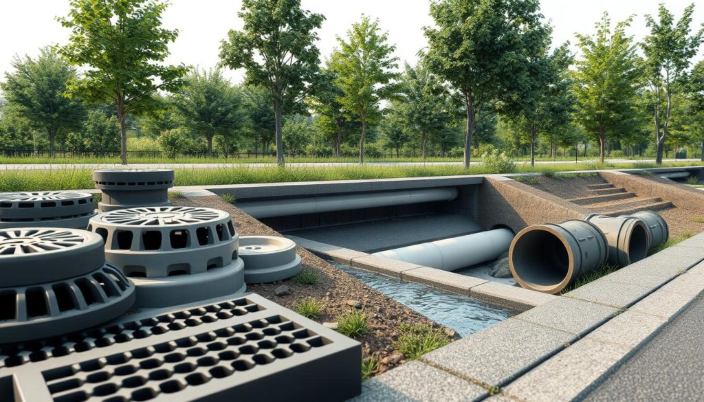 A detailed, technical illustration of a modern stormwater drainage system. In the foreground, a collection of components such as grates, inlets, catch basins, and manholes, rendered in realistic detail with a focus on materials, textures, and intricate designs. The middle ground depicts a section of underground piping and culverts, showcasing their structural integrity and integration with the surface features. In the background, a lush, verdant landscape provides context, with strategically placed trees and foliage to create a harmonious, natural setting. The overall scene is bathed in soft, even lighting, captured from a low, angled perspective to emphasize the scale and complexity of the drainage infrastructure.