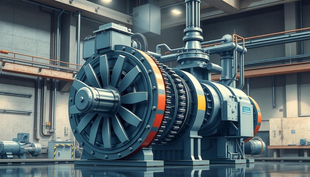 A detailed, technical illustration of a water turbine engineering setup, showcased in a well-lit, realistic industrial environment. The foreground depicts the intricate water turbine mechanism, with its rotating blades, shaft, and generator components meticulously rendered. The middle ground features supporting structures like housing, piping, and control panels, highlighting the comprehensive engineering behind hydroelectric plant operations. The background subtly incorporates the larger plant infrastructure, including concrete walls, support beams, and atmospheric lighting, creating a cohesive, immersive scene. The overall mood conveys the precision, scale, and operational complexity of hydroelectric plant maintenance and operation.