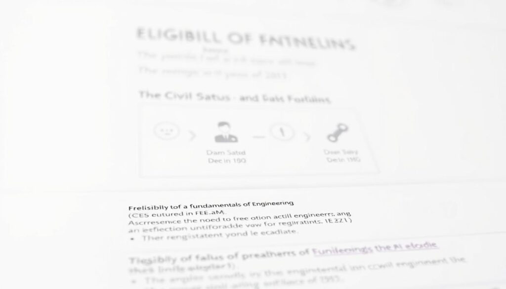 A detailed technical illustration of the eligibility requirements for the NCEES Fundamentals of Engineering (FE) exam, specifically for civil engineering. The image depicts a clean, minimalist style with a focus on key information. In the foreground, a sleek, monochrome graphic showcases the essential criteria, such as degree status, exam registration, and deadlines. The middle ground features simplified icons and infographic elements to visually communicate the eligibility process. The background maintains a subtle, neutral tone to allow the core details to stand out clearly. Crisp lighting and a shallow depth of field create a professional, authoritative atmosphere suitable for an educational resource.