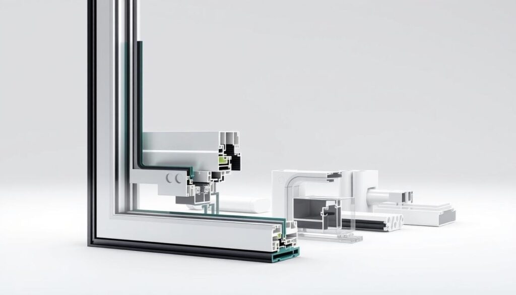 A detailed technical illustration of the key components of a modern glazing system, showcased in a sleek, minimalist style. The foreground features a cross-section of a window frame, highlighting the intricate assembly of glazing, sealants, and hardware components. The middle ground presents a selection of individual parts, such as weather seals, spacers, and glazing beads, arranged in a precise, almost architectural layout. The background is a clean, white environment, allowing the components to be the focal point, bathed in soft, even lighting that accentuates their material properties and engineering details. The overall mood is one of precision, functionality, and the marriage of form and function that defines high-performance glazing systems.