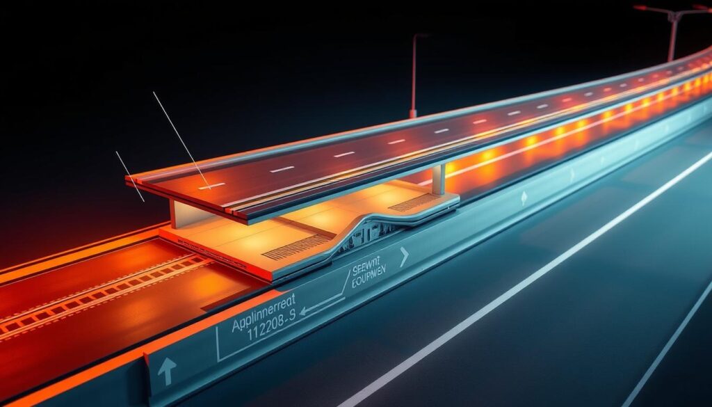 A detailed technical illustration of the key principles of road design, capturing the essential elements that contribute to durable and efficient roadways. Featuring a cross-sectional view of a modern two-lane highway, with clearly delineated layers showcasing the pavement structure, drainage systems, and geometric design features. Illuminated by warm, directional lighting that casts subtle shadows, emphasizing the technical precision of the engineering. The scene conveys a sense of technical expertise and thoughtful road infrastructure planning, suitable for inclusion in an educational article on road construction engineering.