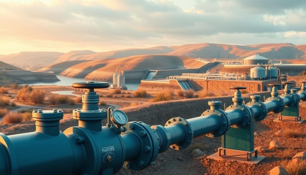 A detailed, technical illustration showcasing water resources management strategies. In the foreground, a pipeline system transporting water, valves and flow meters meticulously rendered. In the middle ground, a water treatment facility with clarifiers, filters, and chemical tanks. The background features a rolling landscape with reservoirs, dams, and hydroelectric generators, all bathed in warm, diffused lighting from an overcast sky. The overall scene conveys a sense of sophisticated, large-scale water infrastructure operating in harmony with the natural environment.