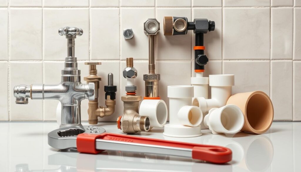 A detailed technical manual on plumbing maintenance, showcasing various plumbing fixtures and tools against a clean, well-lit backdrop. In the foreground, a faucet, a pipe wrench, and a plunger are neatly arranged, reflecting the focus on seasonal plumbing preparation. The middle ground features a selection of valves, fittings, and PVC pipes, highlighting the range of components involved in basic plumbing tasks. In the background, a tiled bathroom wall provides a neutral, yet professional setting, conveying a sense of practical, hands-on expertise. The lighting is soft and even, accentuating the crisp details of the plumbing components and creating a calm, instructional atmosphere.