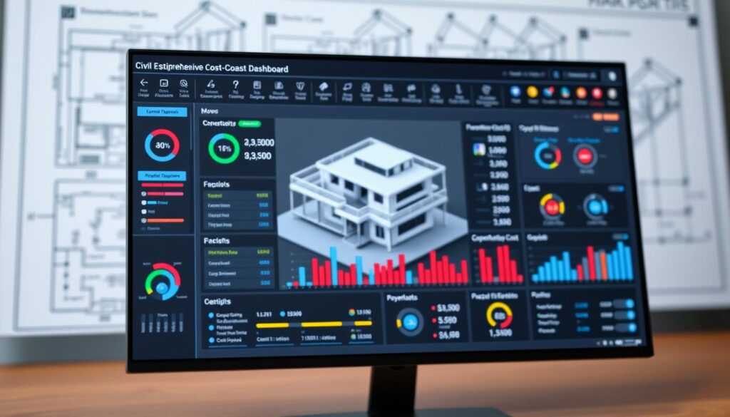 A detailed, technical software interface displaying a comprehensive cost estimation dashboard. In the foreground, a sleek, minimalist GUI with intuitive controls, colorful charts, and detailed budgeting metrics. The middle ground features a 3D building model with labeled construction elements, allowing interactive cost visualization. The background showcases an architectural blueprint, seamlessly integrated into the software's interface, providing context and technical specifications. Soft, directional lighting accentuates the clean, professional aesthetic, while a subtle depth of field keeps the focus on the essential cost estimation tools and data. The overall mood is one of precision, efficiency, and informed decision-making, reflecting the needs of civil engineering projects.