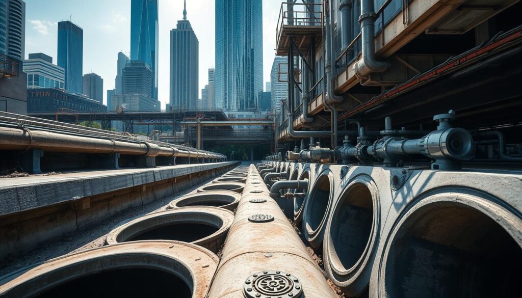 A detailed urban landscape showcasing a complex network of underground drainage systems. Imposing concrete culverts, grates, and manholes dominate the foreground, casting dramatic shadows under a soft, diffused lighting. The middle ground features a web of intersecting pipes, valves, and pumping stations, highlighted by the muted tones of weathered steel and exposed brickwork. In the background, towering skyscrapers and infrastructure loom, emphasizing the scale and importance of these unseen hydraulic systems that sustain the city. The overall atmosphere is one of functional utility, with a sense of the vital role these systems play in urban planning and water management.