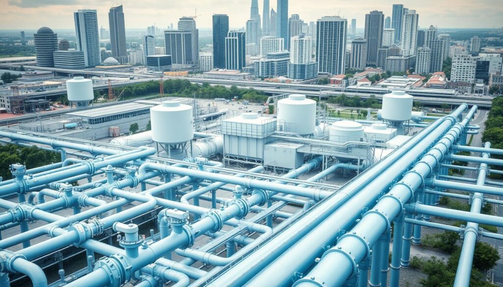 A detailed urban water infrastructure design with a focus on future growth and capacity expansion. In the foreground, a network of sleek, interconnected pipelines, valves, and distribution hubs, reflecting the complexity of a modern water supply system. In the middle ground, elevated water storage tanks and treatment facilities with clean, minimalist architectural styles. The background features a cityscape with towering skyscrapers and bustling streets, hinting at the scale and integration of this infrastructure within an urban environment. Soft, diffused lighting illuminates the scene, conveying a sense of efficiency, planning, and technological advancement. The overall composition highlights the importance of proactive water management to support the needs of a growing population.