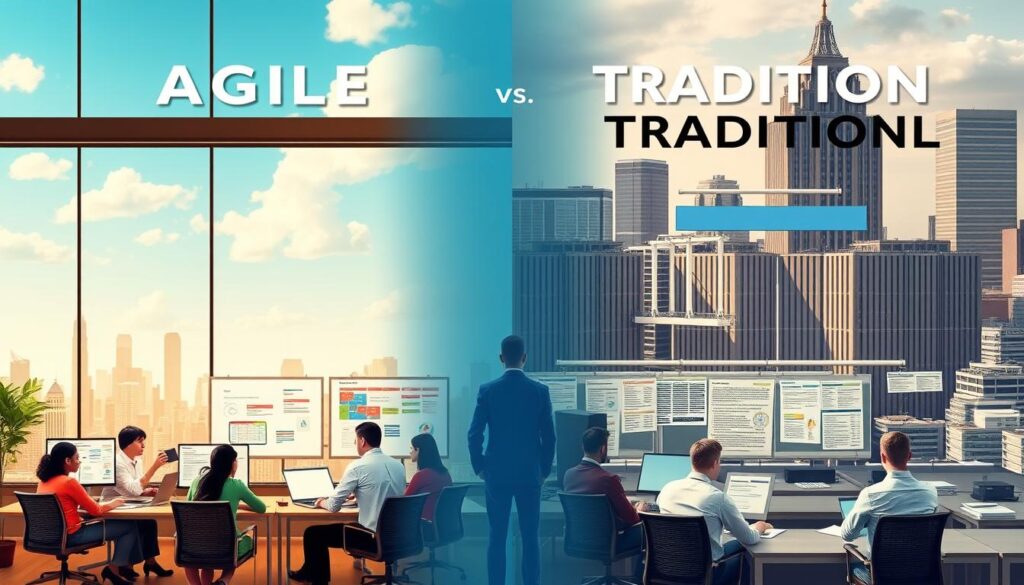 A detailed visual comparison of Agile and Traditional project management approaches. In the foreground, a team working in a modern, open-office setting, using Agile practices like Scrum boards and rapid iteration. In the middle ground, a more formal, hierarchical setting with Gantt charts, status reports, and a project manager overseeing the process. In the background, contrasting landscapes - the Agile side featuring a dynamic, ever-changing cityscape, the Traditional side a more rigid, monolithic corporate environment. Warm, natural lighting illuminates the Agile side, while the Traditional setting has a cooler, more institutional feel. The overall tone conveys the flexibility and responsiveness of Agile versus the structure and formality of Traditional project management.