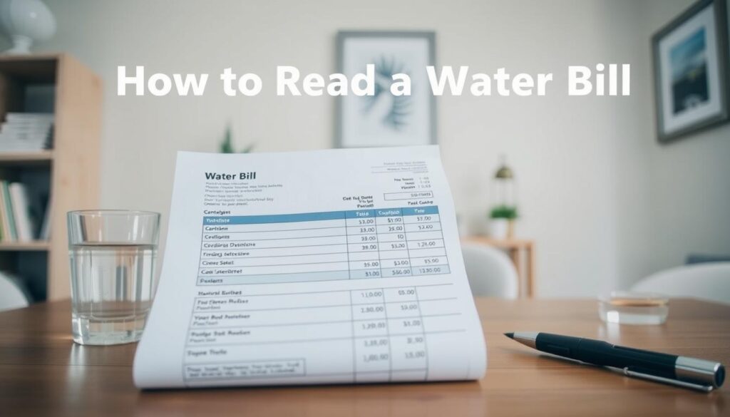 A detailed water bill in the foreground, showcasing various line items and charges, surrounded by a clean, well-lit interior setting with a neutral color palette. The bill is positioned on a wooden table or desk, with a glass of water and a pen nearby, creating a sense of organization and attention to detail. The background features simple, minimalist decor, such as a bookshelf or a framed wall art piece, to maintain focus on the water bill and its components. The overall atmosphere is calm, informative, and inviting, reflecting the educational nature of the "How to Read a Water Bill" section.