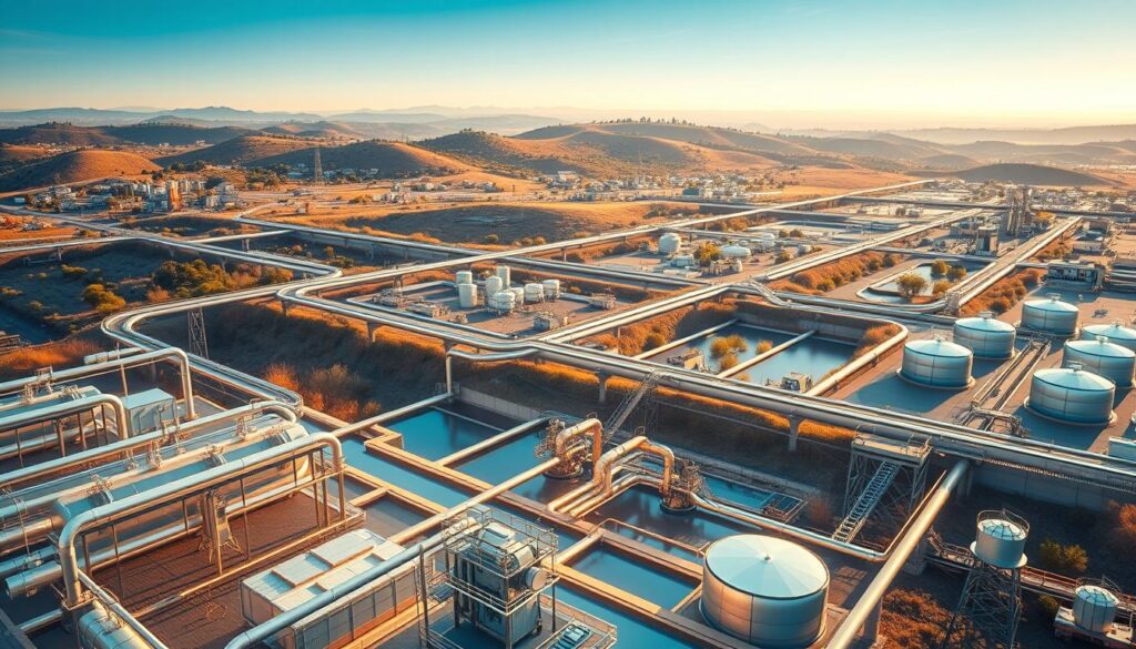 A detailed water supply system design, showcasing a comprehensive network of pipes, reservoirs, and treatment facilities. The foreground depicts a central water treatment plant, with advanced filtration and purification equipment. In the middle ground, a series of branching pipelines transport the treated water to various residential and commercial areas. The background features a rolling landscape dotted with water towers and storage tanks, ensuring a reliable and accessible water supply. The scene is illuminated by a warm, golden light, conveying a sense of efficiency and sustainability. The technical details and precise layout highlight the critical role of water and sanitation engineers in maintaining a thriving community.