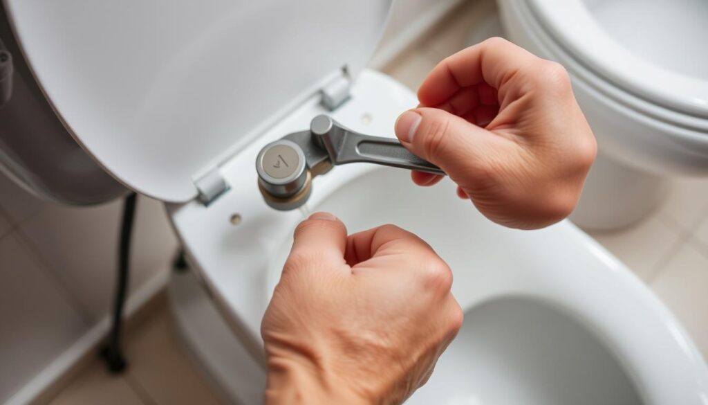 A detailed, well-lit close-up shot of a person's hands repairing a running toilet. The hands are grasping a wrench, adjusting the valve or flushing mechanism to stop the persistent water flow. The background is clean and uncluttered, with a tiled bathroom floor and a tank or bowl visible in the frame. The lighting is bright and even, highlighting the intricate work being done. The overall mood is one of focus and problem-solving, conveying the straightforward, practical nature of this common household repair.
