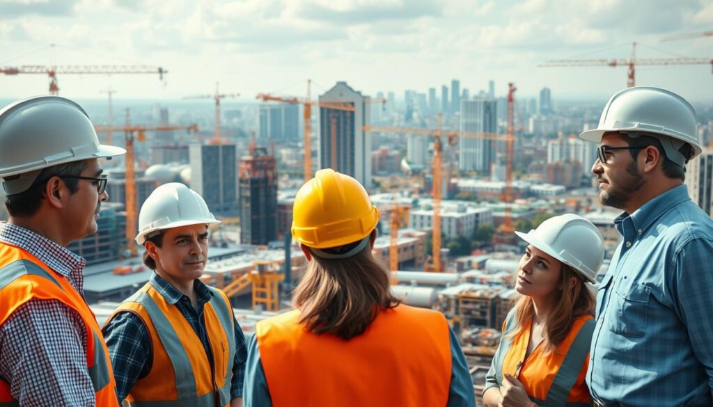 A detailed, wide-angle shot of a civil engineering worksite, with a focus on the diverse salary expectations for professionals in this field. The foreground features a group of engineers in hard hats, discussing compensation packages and benefits. The middle ground showcases various construction projects, cranes, and equipment, symbolizing the dynamic nature of the industry. The background depicts a cityscape, underscoring the urban context in which civil engineering thrives. The lighting is a mix of natural daylight and warm, directional lighting, creating a sense of professionalism and progress. The overall mood is one of thoughtful consideration, as the engineers contemplate their career trajectories and earning potential.