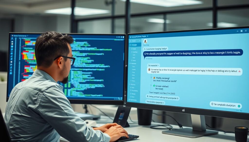 A developer using prompt engineering to generate and debug code A developer using prompt engineering to generate and debug code