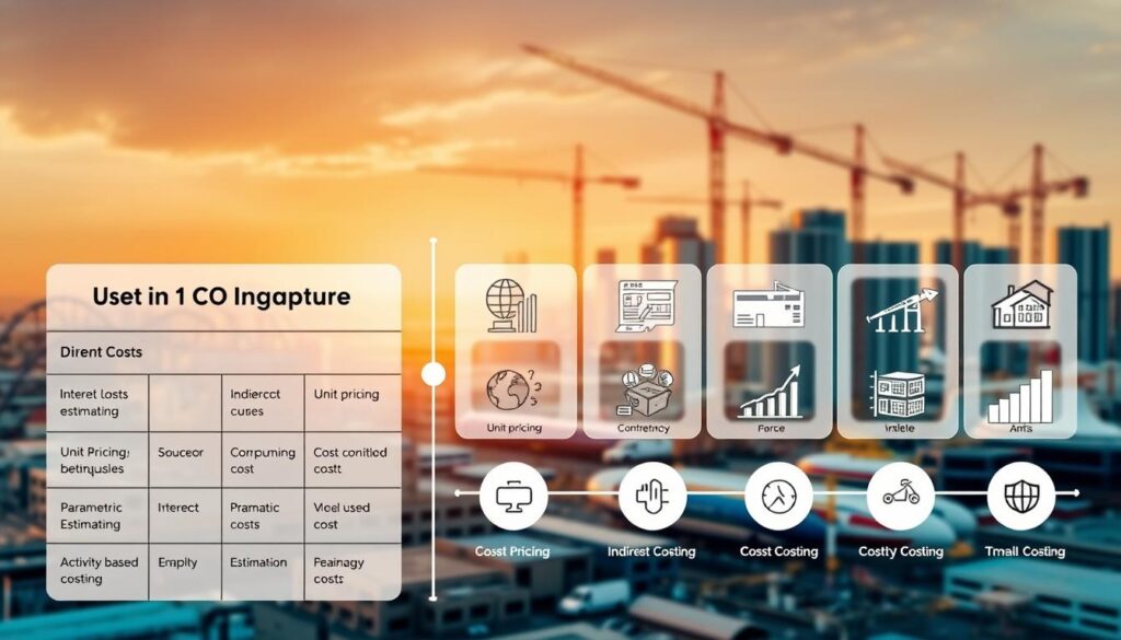 A diagram showcasing various costing methods used in civil engineering projects. In the foreground, a detailed breakdown of the components of a cost estimate, including direct costs, indirect costs, and contingencies. In the middle ground, icons and visualizations representing different costing techniques such as unit pricing, parametric estimating, and activity-based costing. In the background, a cityscape of infrastructure projects, with cranes and construction equipment visible. The scene is illuminated by a warm, golden light, conveying a sense of expertise and professionalism in the field of civil engineering costing.