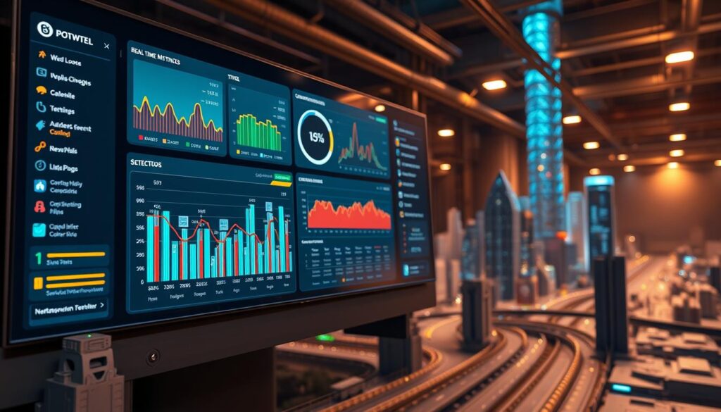 A digital control panel displaying real-time performance metrics of complex infrastructure systems. Sleek user interface with vibrant data visualizations, color-coded alert notifications, and intuitive workflow management tools. In the foreground, a stylized 3D model of a urban skyline with towering skyscrapers and bustling roadways. The background is dimly lit with warm, industrial lighting to evoke a sense of technological sophistication. The composition is shot from a low angle using a wide-angle lens to emphasize the scale and grandeur of the infrastructure software dashboard.