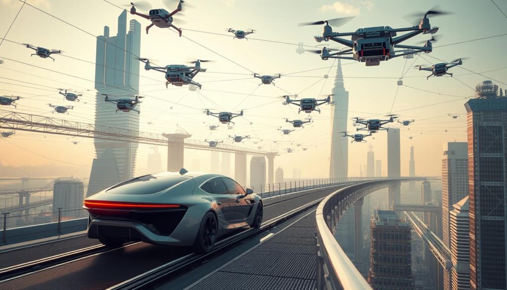A digital metropolis unfolds, where cutting-edge transportation systems harmonize in a captivating choreography. In the foreground, a sleek autonomous vehicle glides effortlessly along a futuristic skyway, its sensors seamlessly navigating the urban landscape. Overhead, a network of interconnected drones and aerial transports weave a tapestry of efficient movement, while in the distance, towering skyscrapers and intelligent infrastructure form the backdrop of this technological marvel. Diffused lighting casts a warm, futuristic glow, accentuating the smooth lines and advanced materials that define this vision of optimized transportation. A sense of progress and innovation permeates the scene, showcasing the transformative potential of technology in shaping the future of urban mobility.