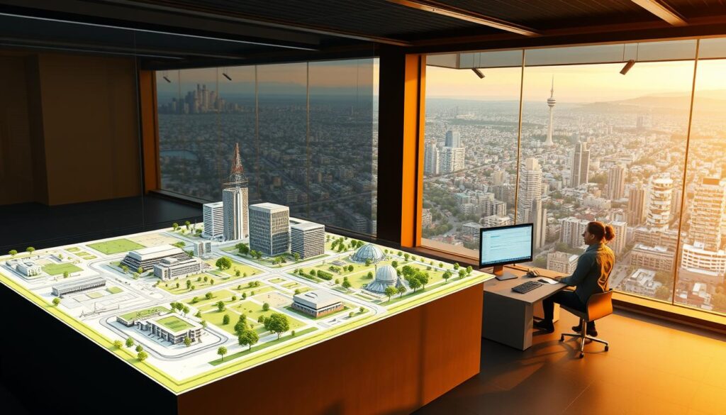 A digital rendering of a sustainable civil engineering software interface, showcasing a sleek and intuitive 3D modeling environment. In the foreground, a detailed schematic of a sustainable urban landscape, with energy-efficient buildings, green spaces, and renewable energy infrastructure. In the middle ground, a team of engineers collaborating on the design, with dynamic visualizations and analytical tools displayed on their workstations. The background features a panoramic view of a thriving, eco-friendly city, bathed in warm, natural lighting that highlights the software's role in creating environmentally conscious engineering solutions. The overall atmosphere conveys a sense of innovation, collaboration, and a commitment to a sustainable future.