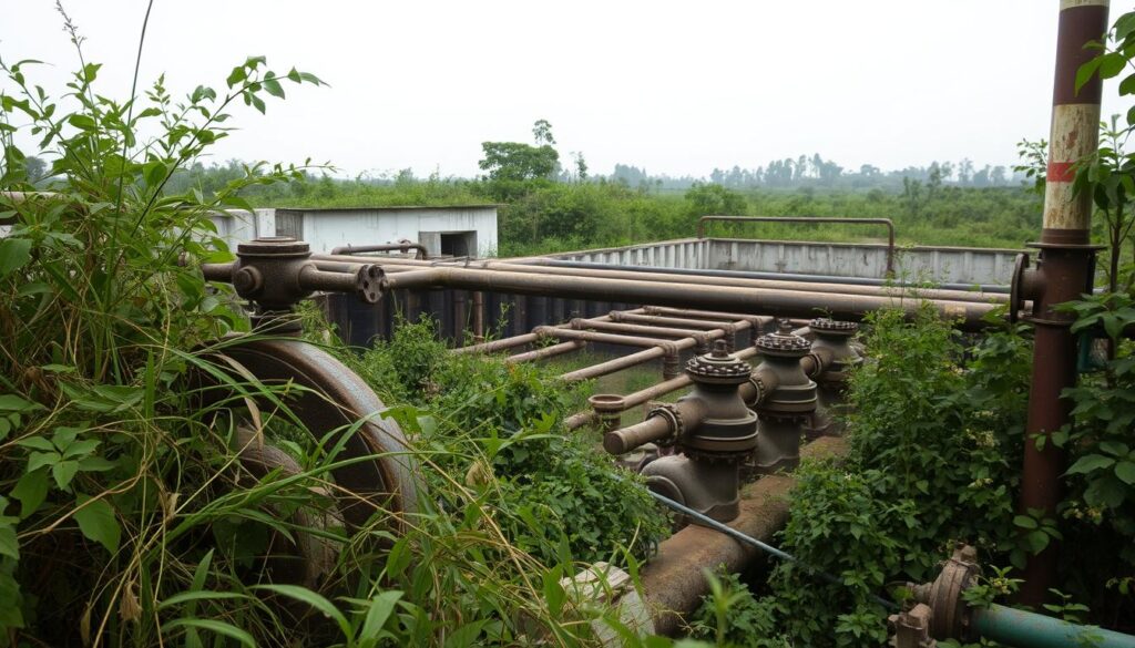 A dilapidated water treatment facility surrounded by overgrown vegetation, with crumbling infrastructure and aging pipes. In the foreground, a rusted valve wheel partially obscured by weeds, symbolizing the challenges of maintaining aging water systems. The middle ground depicts a maze of interconnected pipes and valves, suggesting the complexity of water asset management. In the background, a hazy, overcast sky casts a somber tone, underscoring the pressing need for modernization and optimization of these critical public works.