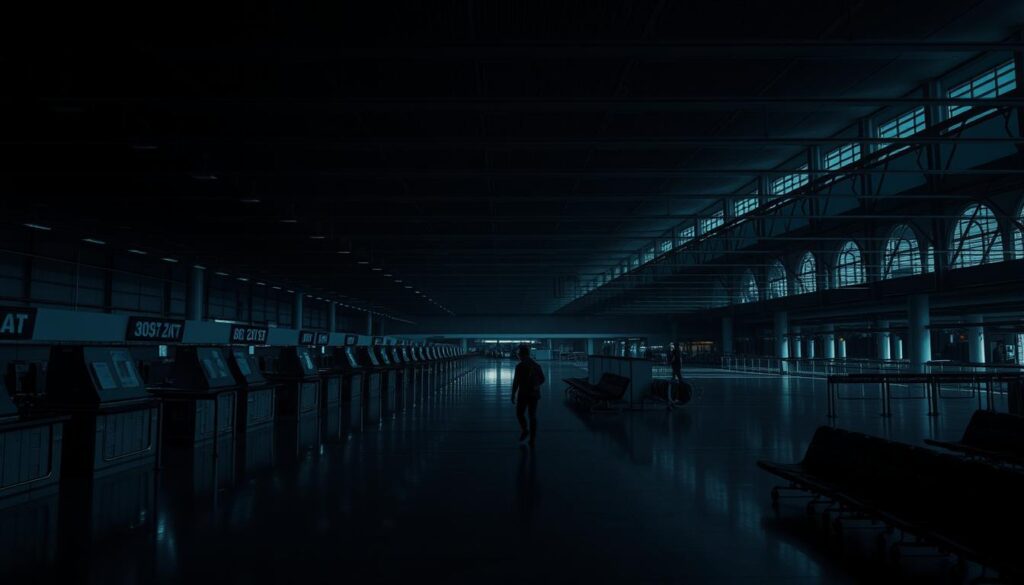 A dimly lit airport terminal, its once-bustling halls now eerily empty. Deserted check-in counters, silent security gates, and abandoned seating areas. Muted lighting casts long shadows, creating a somber atmosphere. In the distance, a lone traveler wanders aimlessly, their footsteps echoing through the cavernous space. The once-vibrant hub of activity has been reduced to a mere shell, a testament to the profound impact of the global pandemic on airport infrastructure design. The scene evokes a sense of isolation and uncertainty, urging the viewer to reflect on the challenges faced by the aviation industry and the need for adaptive, resilient solutions.