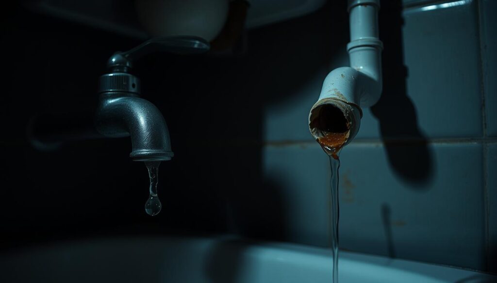 A dimly lit bathroom interior, the focus on a set of plumbing fixtures - a leaky faucet, a clogged drain, and a burst pipe. The faucet drips steadily, the drain is backed up with grime, and the pipe has a crack, water seeping through. The lighting is muted, casting shadows that accentuate the problems. The scene conveys a sense of disrepair and the need for prompt attention. The overall mood is one of concern, urging the viewer to recognize and address these common plumbing issues before they escalate.
