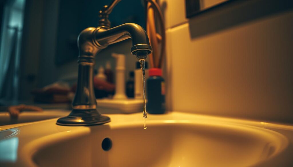 A dimly lit bathroom interior with a leaky faucet as the focal point. The faucet is dripping water slowly, causing a small puddle to form on the sink basin. The background features a cluttered vanity, with bottles and toiletries scattered around. The lighting is warm and muted, creating a sense of frustration and inconvenience. The overall mood is one of annoyance and the need for a quick plumbing fix. Soft shadows and a slightly hazy atmosphere add to the sense of a mundane, everyday problem that requires attention.