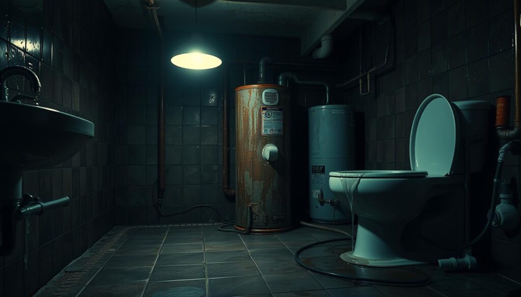 A dimly lit bathroom interior with various plumbing issues in the foreground. A leaky faucet dripping into a sink, a clogged toilet with water overflowing, and a burst pipe spilling water onto the tiled floor. In the middle ground, a rusted and corroded water heater stands, while the background features shadowy pipes and aging fixtures. The scene is illuminated by a single overhead light casting an eerie glow, creating a sense of disrepair and neglect. The overall mood is one of frustration and the need for prompt attention to these common household plumbing problems.
