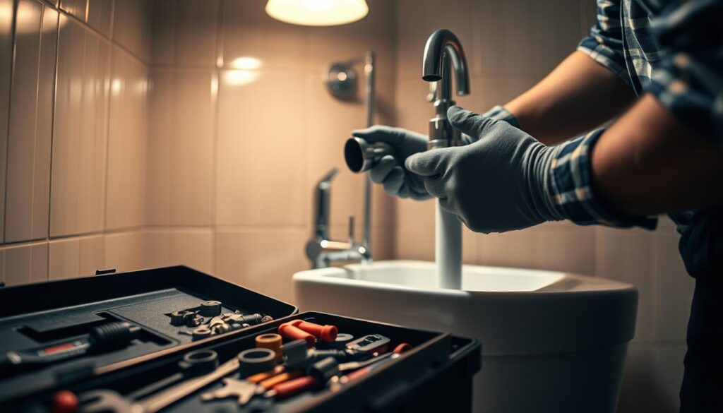 A dimly lit bathroom setting, the soft glow of a warm overhead light casting a gentle ambiance. In the foreground, a plumber's toolbox sits open, revealing an assortment of wrenches, pliers, and pipe fittings. A pair of strong, gloved hands carefully inspects the sink's P-trap, ready to address any potential clogs or leaks. In the middle ground, the sink faucet stands ready for adjustment, its polished chrome surface reflecting the light. The background showcases the bathroom's tile work, hinting at the routine nature of this maintenance task. The atmosphere is one of focused, methodical attention, conveying the importance of proactive plumbing upkeep for the modern homeowner.