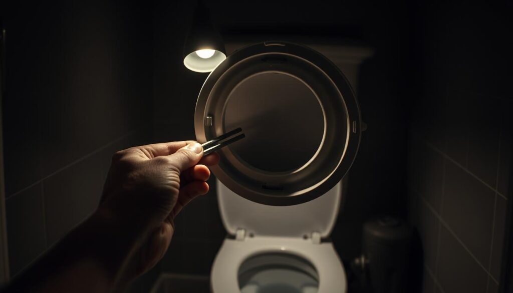 A dimly lit bathroom, the center stage of a running toilet repair. In the foreground, a pair of hands skillfully disassembling the tank lid, exposing the inner workings of the flush mechanism. Metallic tools glint under the soft glow of a single wall-mounted light, casting dramatic shadows. In the middle ground, the toilet bowl stands steadfast, its water level fluctuating as the repair progresses. The background fades into muted tile walls, hinting at the domestic setting. The atmosphere is one of focused problem-solving, where the homeowner's determination to fix the issue is palpable, captured through the careful composition and lighting.
