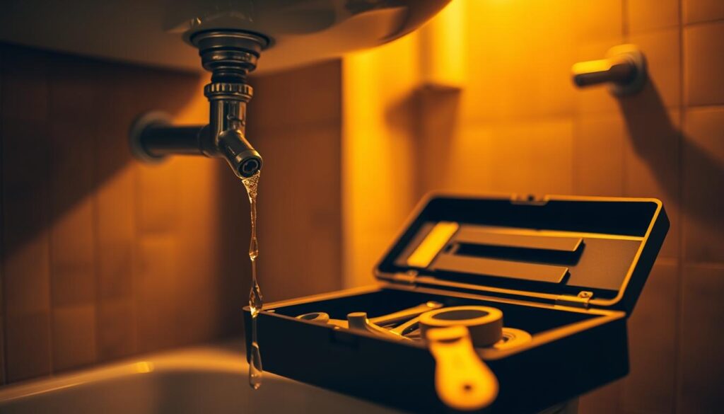 A dimly lit bathroom, the focus on a leaky faucet in the foreground. The pipe under the sink is visibly cracked, dripping water onto the cabinet below. In the middle ground, a toolbox lies open, revealing a wrench, plumber's tape, and other repair supplies. The background is blurred, creating a sense of depth and attention on the task at hand. Warm, golden lighting casts subtle shadows, highlighting the problem area. The overall scene conveys a sense of urgency and the need for a quick, effective fix to stop the water damage.