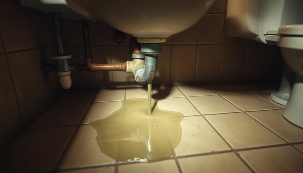 A dimly lit bathroom, the pipes beneath the sink leaking steadily, water pooling on the tiled floor. The scene is captured in a wide-angle view, the focus sharp on the damaged pipes, their rusted exterior contrasting with the clean, white porcelain of the sink basin. The lighting is warm and soft, casting shadows that accentuate the texture of the worn plumbing components. The atmosphere is one of concern and a need for immediate attention, setting the stage for the "Basics of Pipe Repair" section of the homeowner's guide.