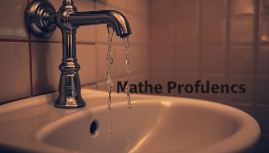 A dimly lit bathroom with a leaky faucet, water droplets cascading from the faucet head and pooling on the sink. The sink's chrome finish reflects the soft, warm lighting, creating a sense of distress and urgency. In the background, the tiled walls and floor are slightly discolored, hinting at persistent water damage. The scene conveys the frustration and inconvenience of dealing with a water pressure problem, setting the stage for the "Dealing with Water Pressure Problems" section of the article.