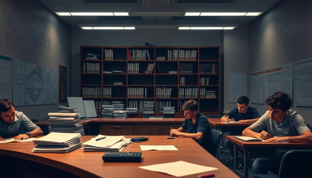 A dimly lit classroom, with a large desk at the center. On the desk, stacks of papers, pens, and a calculator. Behind the desk, a bookshelf filled with engineering textbooks. The walls are adorned with engineering diagrams and blueprints, casting a technical atmosphere. In the foreground, a group of aspiring civil engineers sit at desks, their brows furrowed in concentration as they work through practice problems. Soft, warm lighting illuminates the scene, creating a sense of focus and determination. The overall mood is one of academic rigor and the pursuit of professional licensure.