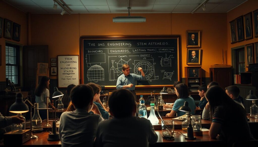 A dimly lit classroom with vintage scientific equipment and chalkboards showcasing historical engineering standards. In the foreground, a group of students, intently engaged in hands-on STEM experiments, their faces illuminated by the soft glow of laboratory lamps. The middle ground features a teacher, guiding the students, pointing to diagrams on the chalkboard that depict the evolution of engineering principles over time. The background is a warm, sepia-toned wall, adorned with framed portraits of pioneering engineers, their achievements memorialized. Soft shadows and muted colors create a contemplative, educational atmosphere, inviting the viewer to explore the historical roots of STEM education.