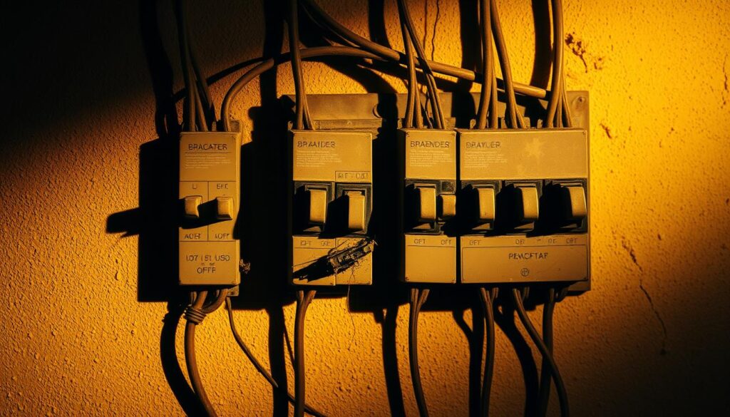 A dimly lit electrical panel, its circuit breakers in disarray, casting long shadows across a textured concrete wall. The breakers are in a tripped state, their switches in the off position, indicating a power disruption. Tattered wires and exposed terminals create a sense of urgency, hinting at the need for immediate attention. The scene is bathed in a warm, yellowish light, creating a sense of aging and wear. The overall composition suggests a practical, problem-solving scenario, where the viewer is compelled to address the issue and restore power to the affected circuits.