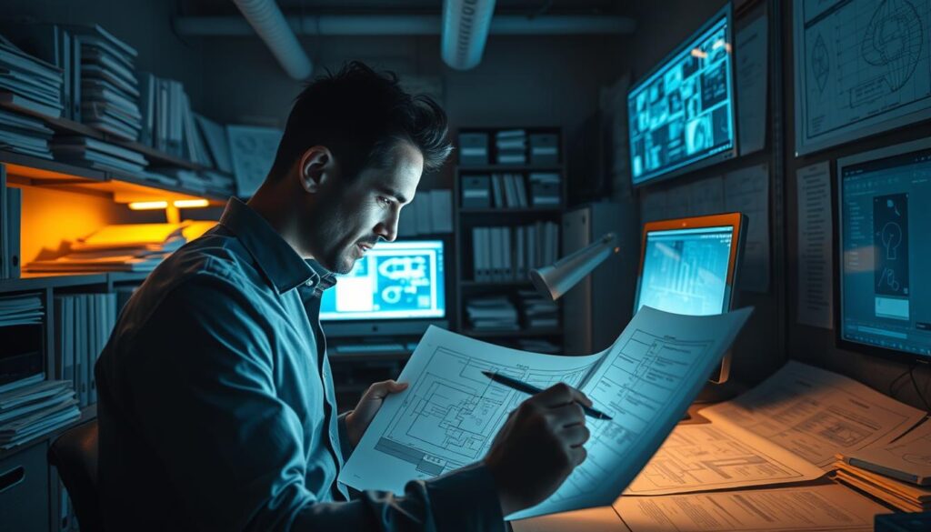 A dimly lit engineering office, filled with neatly organized technical documents, engineering drawings, and computer screens displaying CAD software. In the foreground, an engineer scrutinizes a complex schematic, pen in hand, the glow of the screen illuminating their face. Shelves of binders and file cabinets line the walls, hinting at the wealth of documentation required for successful problem-solving. The room has a sense of quiet focus, with task lighting casting a warm, productive atmosphere. The overall scene conveys the vital role of meticulous engineering documentation in unlocking successful problem-solving.