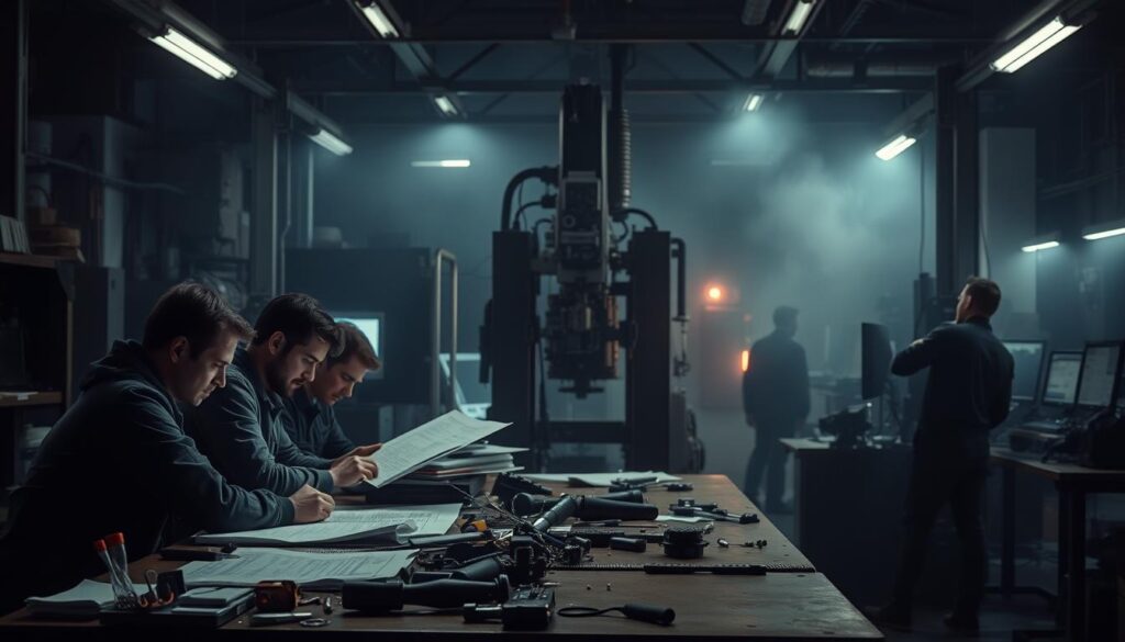 A dimly lit engineering workshop, the air thick with the scent of oil and grease. In the foreground, a team of engineers pore over schematics, their brows furrowed in concentration. Scattered tools and half-assembled components litter the workbench, a testament to the complexity of the task at hand. In the middle ground, a towering machine looms, its intricate mechanisms a source of both fascination and unease. The background is hazy, obscured by the soft glow of computer monitors and the flickering of status lights, creating an atmosphere of uncertainty and potential risk. Subtle shadows cast by the machinery suggest hidden dangers, while the muted lighting evokes a sense of caution and vigilance. This scene captures the challenges of engineering risk assessment, where the pursuit of innovation must be balanced with a meticulous attention to safety and reliability.