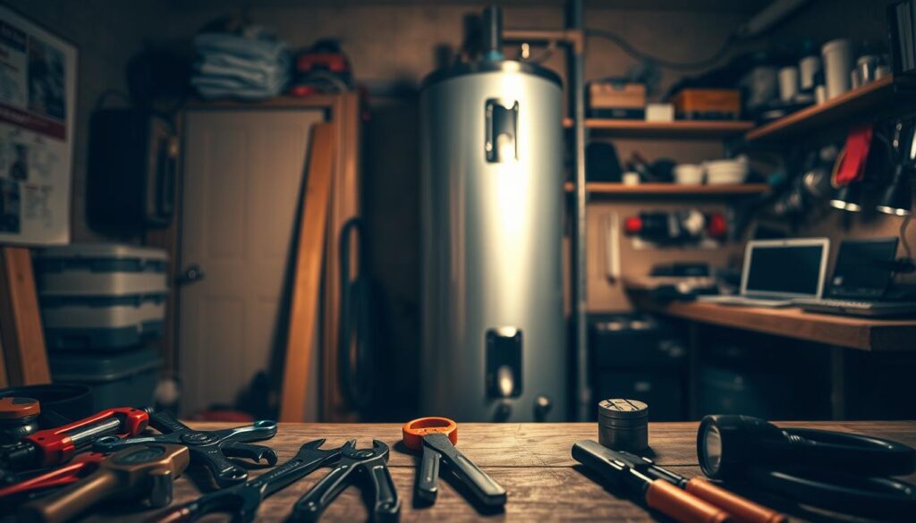 A dimly lit home workshop, with a water heater taking center stage. The foreground features an array of tools - pliers, wrenches, and a flashlight - neatly arranged, suggesting a methodical approach to the task at hand. The middle ground showcases the water heater, its metallic surface gleaming under soft, warm lighting, inviting the viewer to examine its inner workings. In the background, shelves filled with spare parts and a workbench with a laptop hinting at a DIY enthusiast's workspace, creating a sense of authenticity and practicality. The overall atmosphere conveys a sense of quiet focus and problem-solving, perfectly suited for addressing water heater issues.