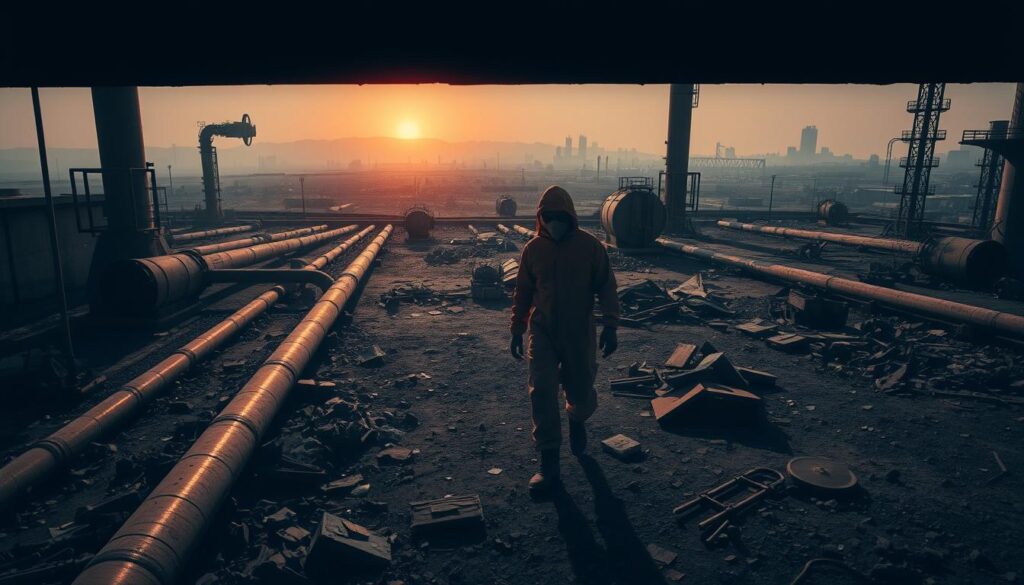 A dimly lit industrial landscape, with rusting pipelines, crumbling concrete structures, and abandoned machinery scattered across a barren terrain. In the foreground, a worker in a hazmat suit navigates through the hazardous environment, their figure silhouetted against the orange glow of a distant flare. The middle ground is cluttered with discarded materials and debris, casting long shadows that stretch across the scene. In the background, a hazy skyline is visible, hinting at the urban sprawl beyond the boundaries of this decaying infrastructure. The overall mood is one of decay, neglect, and the challenges of transitioning to a more sustainable future.
