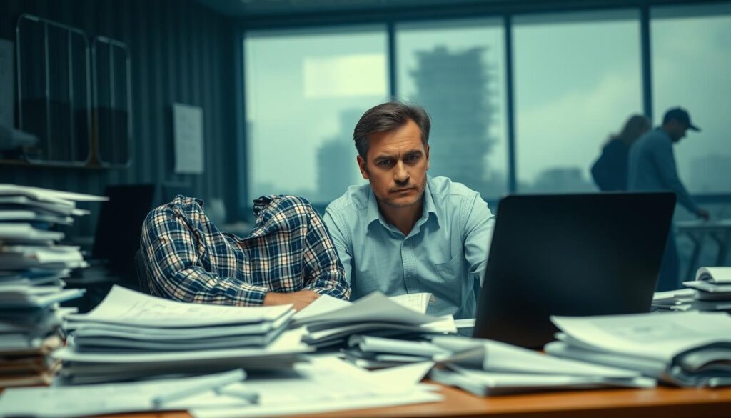 A dimly lit office setting, with a civil engineer sitting at a desk surrounded by stacks of documents, design plans, and a laptop. The engineer's expression conveys a sense of frustration and stress as they grapple with the challenges of continuous professional development (CPD) requirements. The background is hazy, with blurred shapes suggesting the presence of other engineers also engaged in their own CPD-related tasks. The overall atmosphere is one of a demanding and overwhelming work environment, reflecting the common challenges faced by civil engineers in meeting their CPD needs.