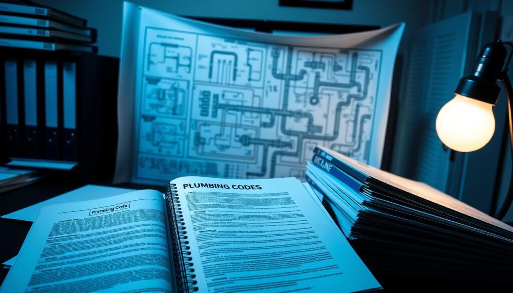 A dimly lit office space, the walls adorned with neatly organized binders and folders. On the desk, a stack of paperwork detailing plumbing codes and regulations, their pages illuminated by the soft glow of a desk lamp. In the background, an engineering blueprint unfurls, showcasing technical schematics and intricate pipe systems. The scene conveys a sense of diligence and attention to detail, reflecting the importance of understanding the complex web of plumbing rules and guidelines.