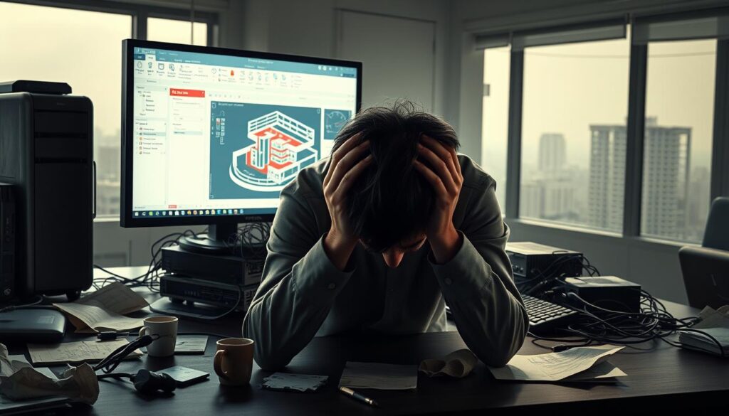 A dimly lit office space, with a computer monitor displaying the Revit software interface. In the foreground, a frustrated user leans over the desk, hands grasping their head, surrounded by crumpled papers and spilled coffee. The middle ground features a tangle of cables and outdated hardware, while the background is hazy, suggesting the overwhelming complexity of the Revit system. The lighting is harsh, casting long shadows and creating a sense of tension and challenge. The overall atmosphere conveys the common frustrations and difficulties faced by civil engineers when working with Revit.