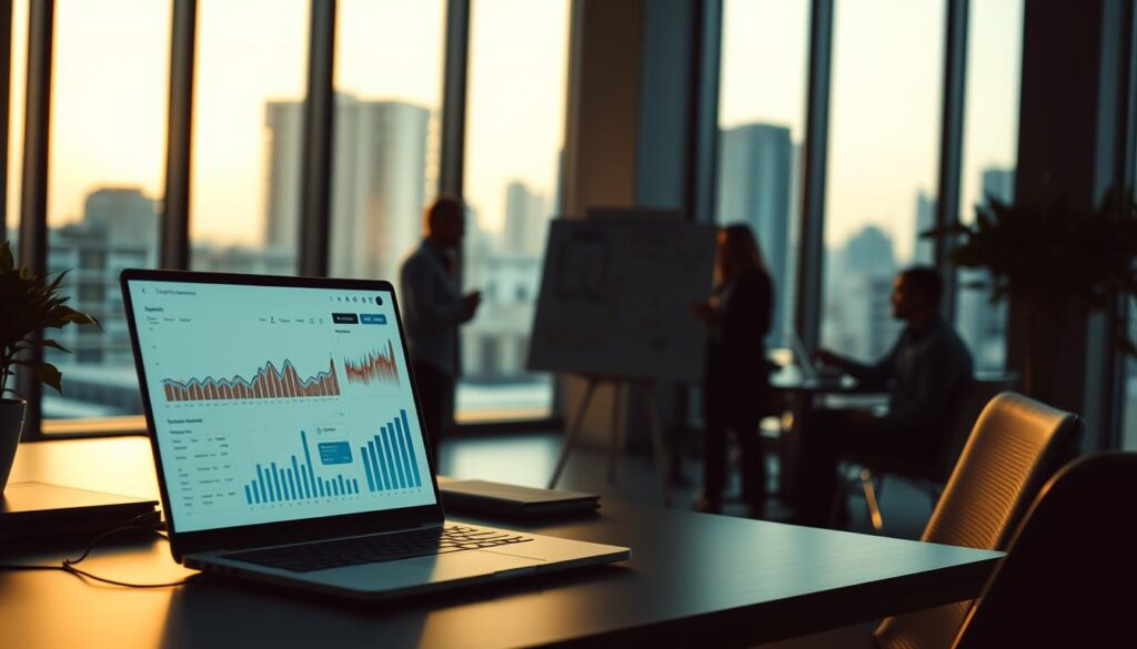 A dimly lit office space, with a focal point of a project manager's desk. On the desk, a sleek laptop displays performance data charts and graphs, bathed in the soft glow of the screen. In the middle ground, a project team gathers around a whiteboard, engaged in a collaborative discussion. The background features floor-to-ceiling windows, offering a cityscape view, conveying a sense of progress and productivity. The lighting is warm and subdued, creating a contemplative atmosphere, suitable for the task of performance monitoring and reporting.