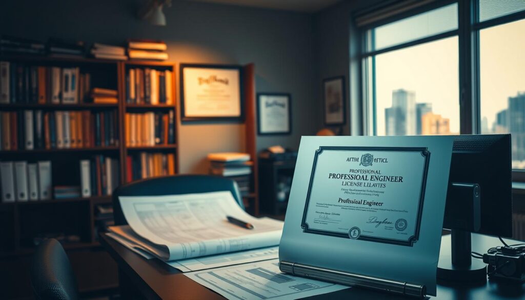 A dimly lit, professional engineering office. In the foreground, a desk with a computer, engineering drawings, and a professional engineer's license certificate prominently displayed. In the middle ground, a bookshelf filled with technical manuals and reference materials. In the background, a wall-mounted engineering diploma and a window overlooking a cityscape. The lighting is warm and subdued, creating a serious, authoritative atmosphere. The overall composition conveys the rigorous process and prestigious status of becoming a licensed professional engineer.