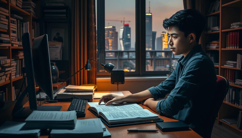 A dimly lit study room, textbooks, stationery, and a desktop computer arranged neatly on a wooden desk. In the foreground, a young civil engineering student is intently reviewing practice problems, brow furrowed in concentration. Warm, focused lighting illuminates the scene, creating a contemplative atmosphere. Behind the student, shelves filled with engineering manuals and reference guides line the walls, conveying a sense of academic rigor. Through the window, a cityscape of towering skyscrapers and infrastructure projects can be seen, hinting at the real-world applications of the student's studies. An air of determination and diligence permeates the space, capturing the essence of "Physical and Mental Preparation" for the civil engineering board exam.