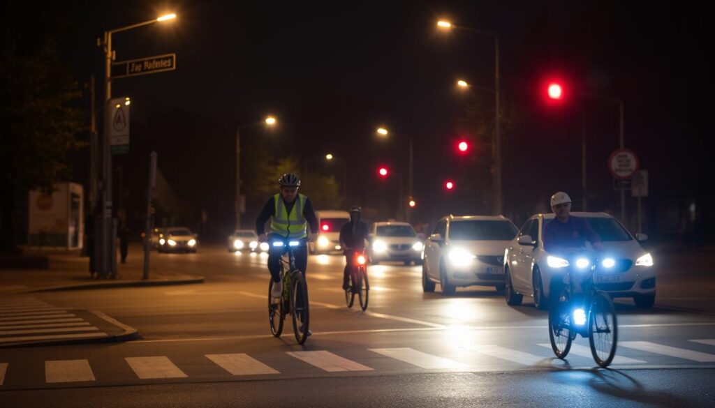 A dimly lit urban street at night, with streetlights casting a warm glow. In the foreground, a pedestrian cautiously crosses the road, eyes alert and body language conveying vigilance. In the middle ground, a cyclist navigates the intersection, wearing a reflective vest and helmet, their bike equipped with bright lights. In the background, a line of cars wait at a red light, their headlights illuminating the scene. The atmosphere is one of cautious awareness, emphasizing the importance of transportation safety and the need for all road users to be attentive and responsible.