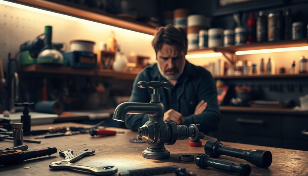 A dimly lit workshop interior, with a focus on a disassembled faucet fixture on a workbench. The foreground features the faucet parts laid out neatly, accompanied by a variety of plumbing tools such as wrenches, pliers, and a flashlight. In the middle ground, a troubled homeowner is intently examining the components, brow furrowed in concentration. The background showcases shelves stocked with various plumbing supplies, casting warm, soft lighting onto the scene. The overall atmosphere conveys a sense of problem-solving and DIY determination, as the homeowner troubleshoots the low water pressure issue.